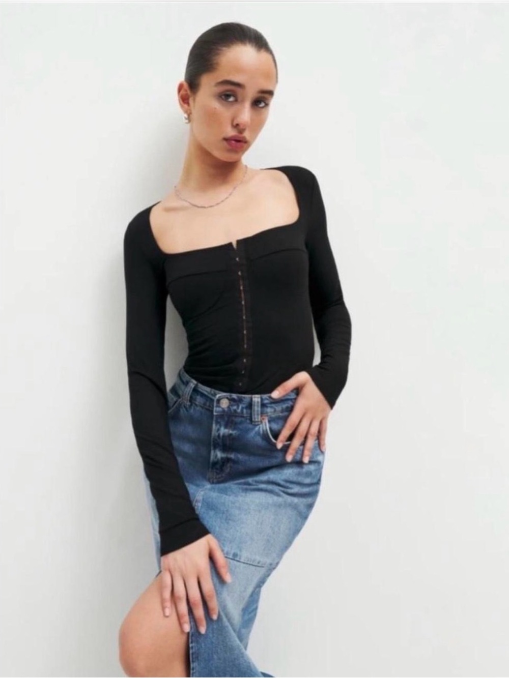 Reformation Black Square Neck Long Sleeve Bodysuit Size Small Corset Detail
